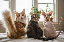 pyski usmiechniętych kotów maine coona, dachowca i sfinksa